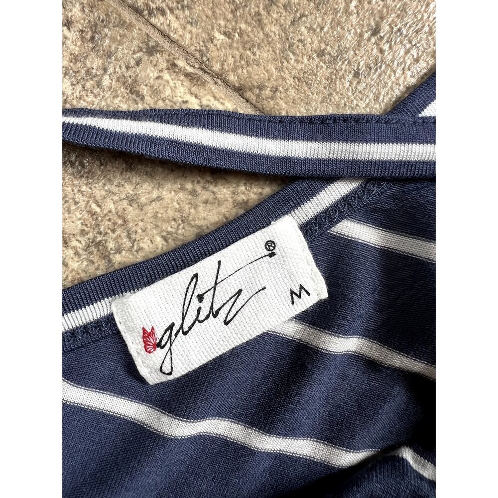 Glitz Navy with strip V-neck Short Sleeve T-shirt, Women's size M - Picture 2 of 7
